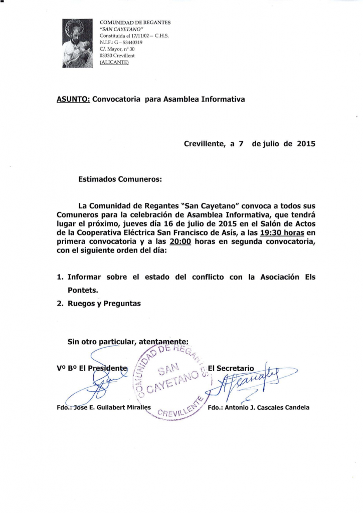 convocatoria asamblea san cayetano